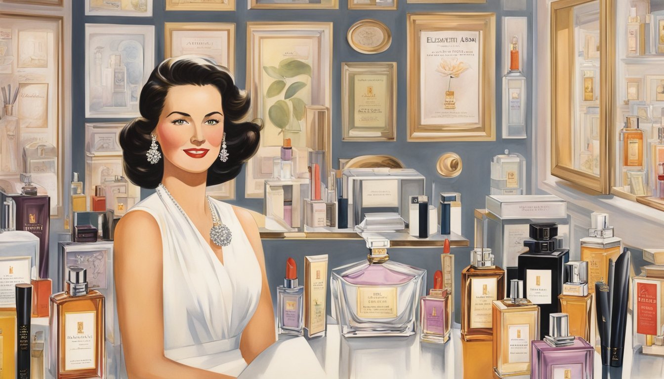 The Elizabeth Arden brand's history and legacy are represented through vintage advertisements and iconic product packaging displayed in a museum-like setting