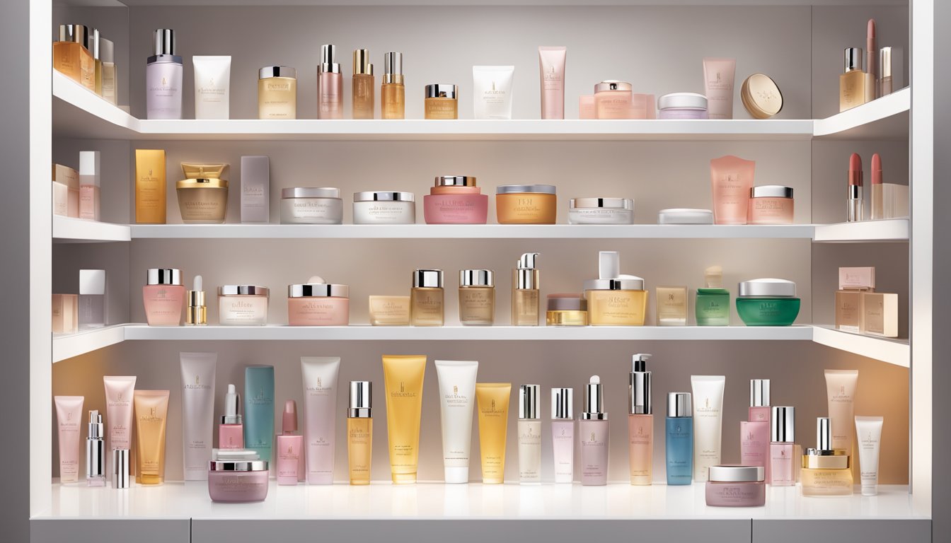 A display of Elizabeth Arden product lines arranged on a sleek, modern shelf with soft, elegant lighting highlighting the luxurious packaging