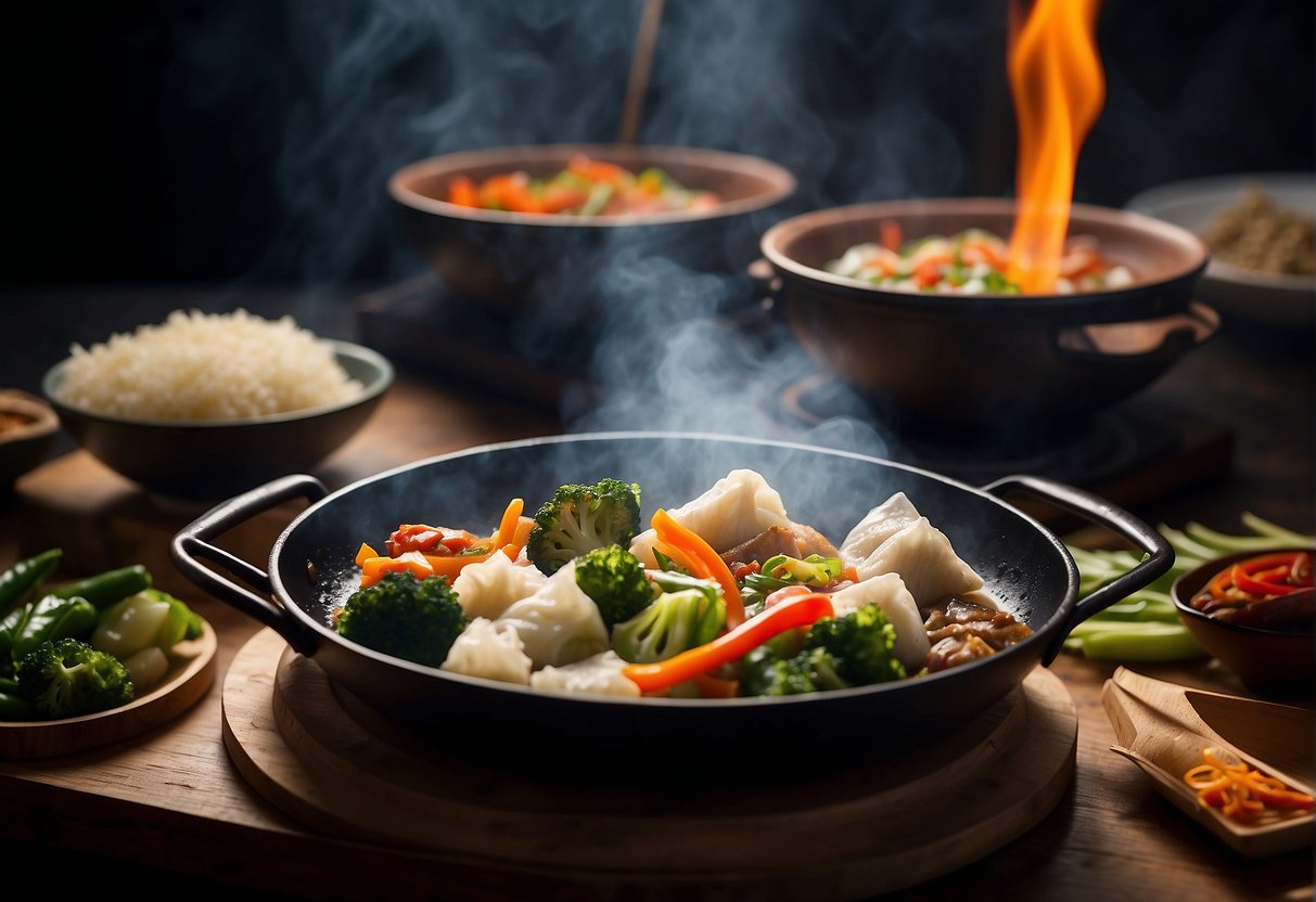 A wok sizzles with stir-fried vegetables and meat. A table is set with steaming dumplings and crispy spring rolls. Soy sauce and chili oil sit ready for dipping