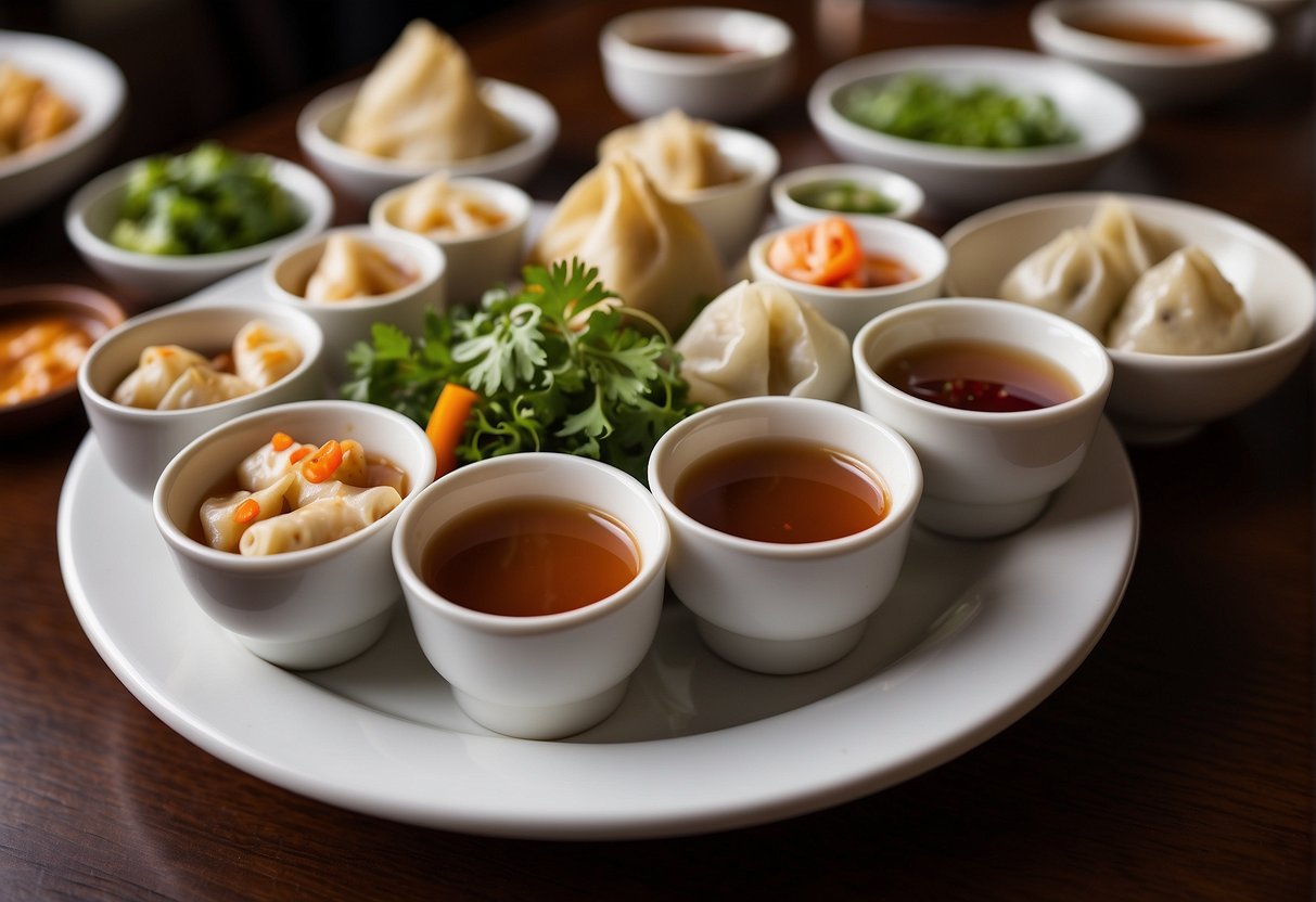 A table filled with various Chinese appetizers, including dumplings, spring rolls, and wontons, with a bowl of dipping sauce in the center
