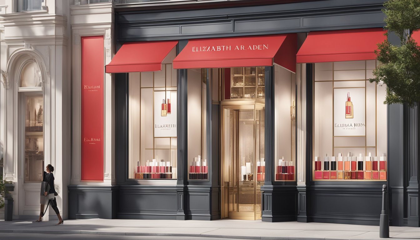 The Elizabeth Arden brand logo is displayed prominently on a sleek, modern storefront with clean lines and elegant typography