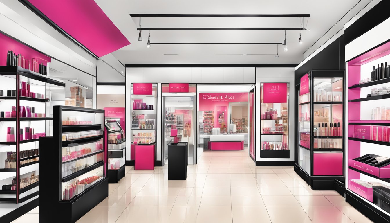 A sleek, modern storefront with bold Elizabeth Arden branding. Vibrant product displays and interactive marketing elements draw in a diverse crowd