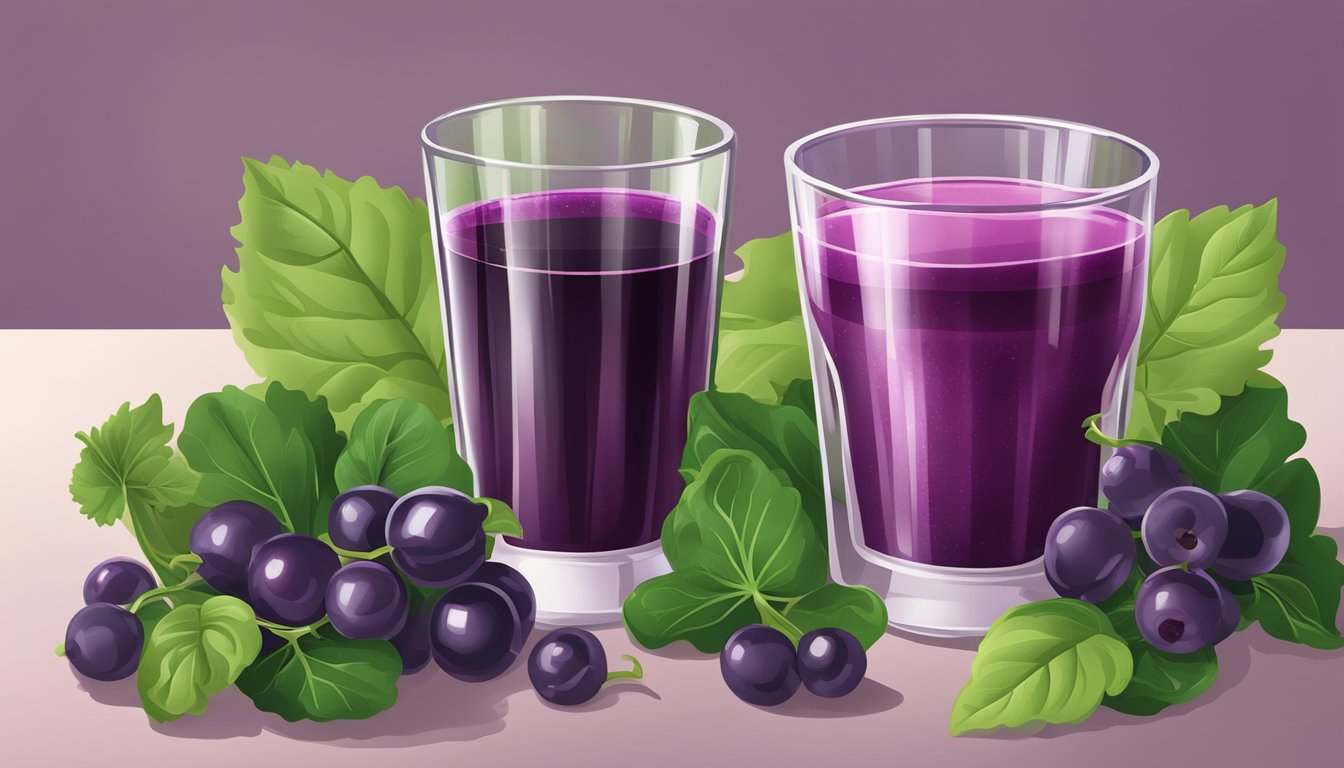 A glass filled with deep purple blackcurrant juice, surrounded by vibrant green lutein-rich spinach leaves