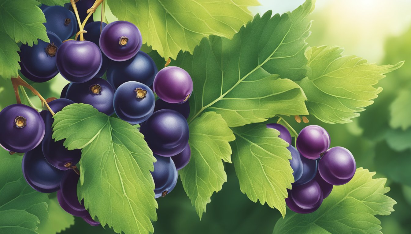 A vibrant blackcurrant bush bursts with ripe fruit, while lutein-rich leaves glisten in the sunlight. The brand's logo stands out prominently amidst the lush greenery