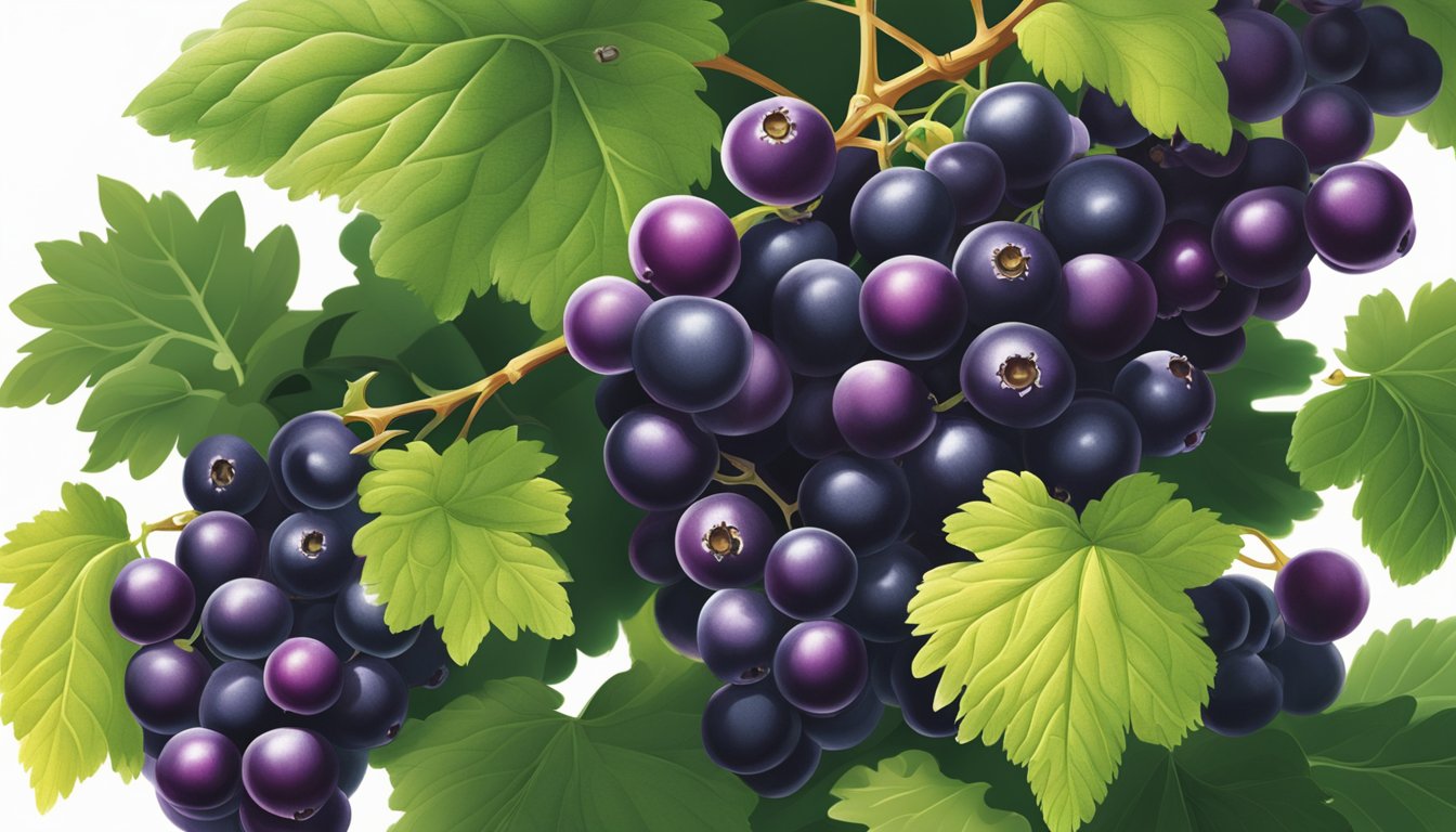 A lush blackcurrant bush bursting with ripe, deep purple berries, surrounded by vibrant green foliage. The sun's rays illuminate the fruit, highlighting its rich anthocyanins and lutein