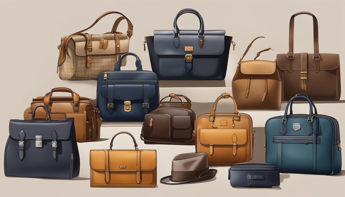 A display of iconic English bag brands, showcasing their heritage and craftsmanship through a variety of styles and materials