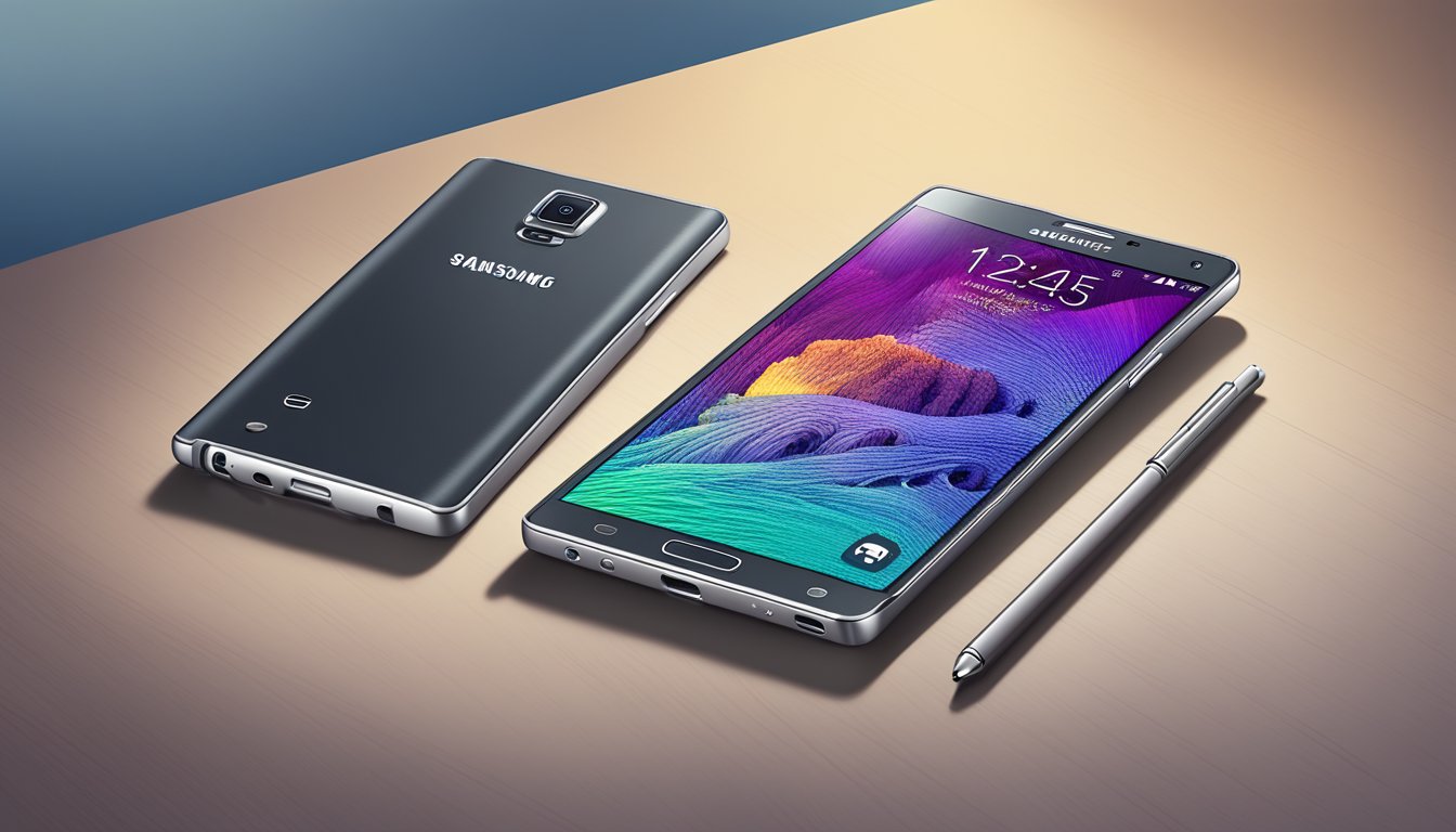 A brand new Samsung Galaxy Note 4 resting on a sleek, modern table with a soft spotlight highlighting its features
