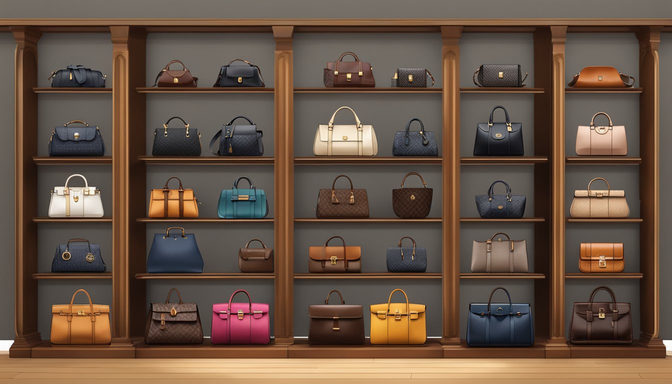 A row of elegant English bag brands displayed on a sleek, modern shelf. Each bag features classic designs and high-quality materials