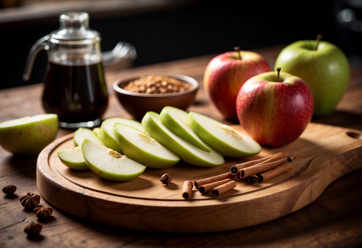 A wooden cutting board with fresh apples, ginger, cinnamon, and soy sauce arranged neatly