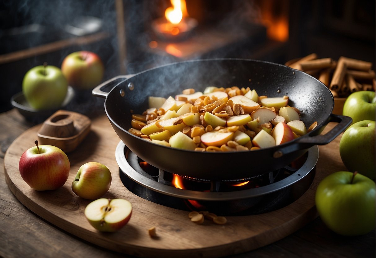 A traditional Chinese kitchen with a wok sizzling with sliced apples, surrounded by ingredients like cinnamon, sugar, and ginger