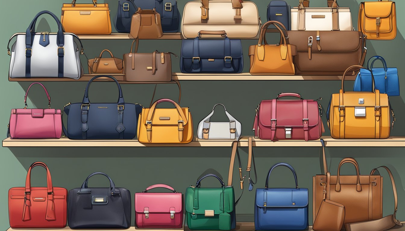 A display of various bags and accessories from popular English brands