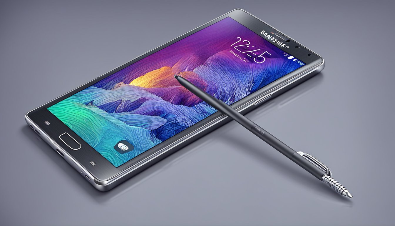 A brand new Samsung Galaxy Note 4, with sleek design and high-quality hardware, sits on a clean, modern surface. The screen is lit up, displaying vibrant colors and sharp details
