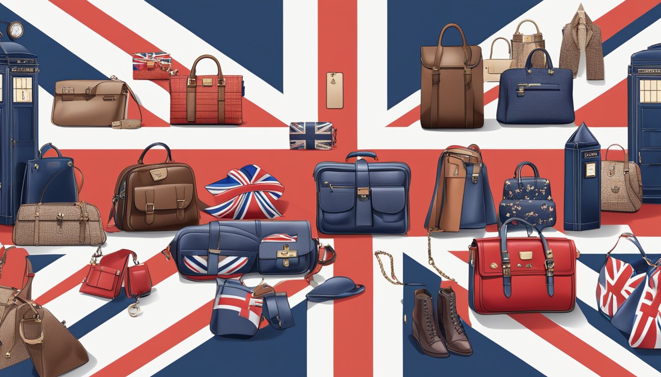 A display of iconic English bag brands, adorned with Union Jack flags, surrounded by fashionable accessories and photographs of British fashion icons