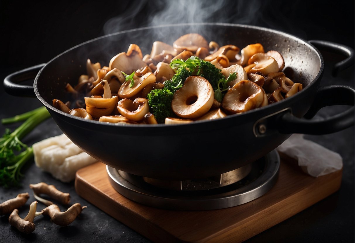 A wok sizzles with sliced wood ear mushrooms, garlic, and soy sauce. Steam rises as the ingredients are stir-fried over high heat