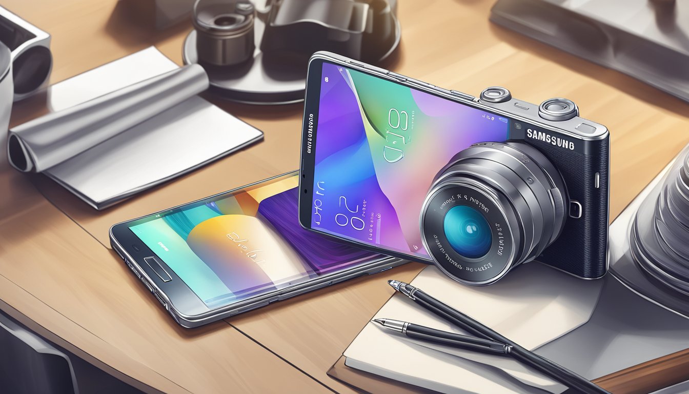 A brand new Samsung Galaxy Note 4 sits on a sleek, modern table, with a camera and photography theme surrounding it