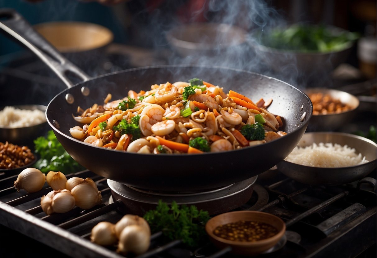 A wok sizzles as garlic, shallots, and dried seafood are stir-fried. Chili paste, soy sauce, and sugar are added, creating a rich, savory aroma