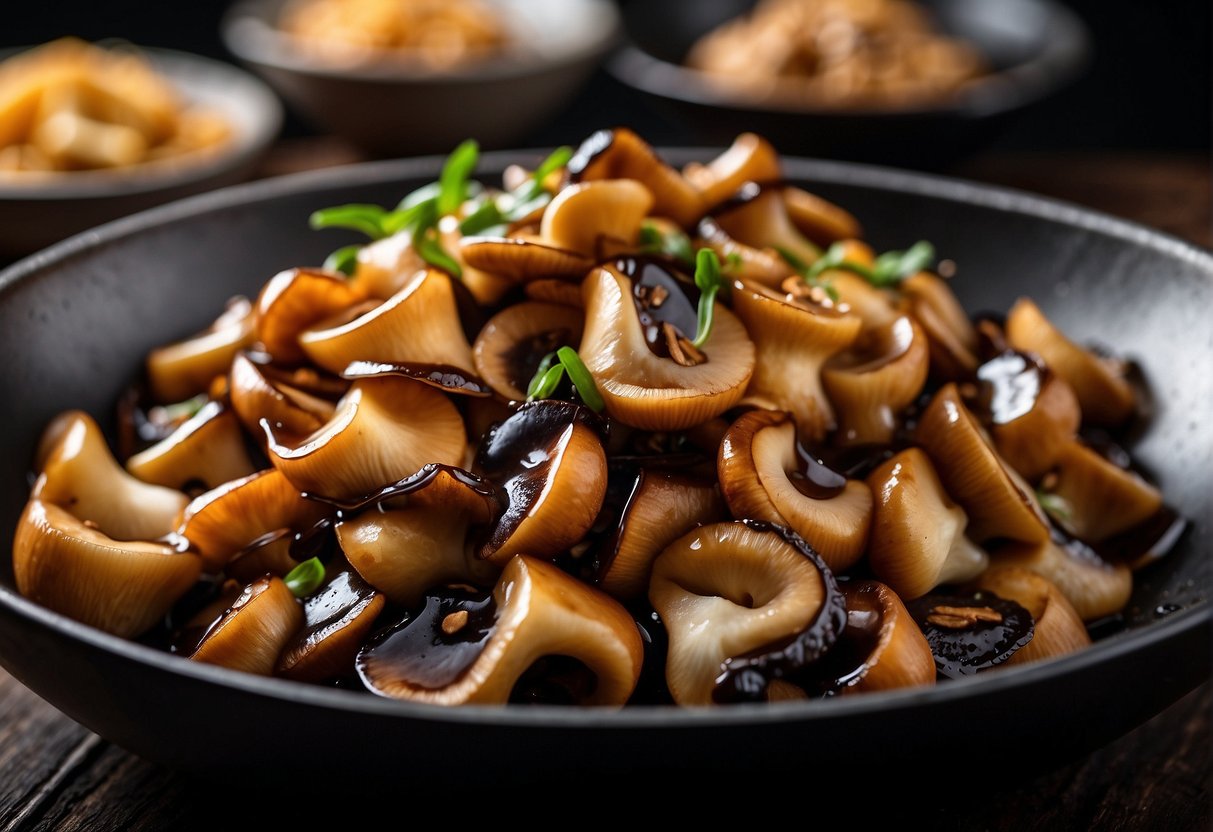 Wood ear mushrooms soaking in water, then sliced and stir-fried with garlic, ginger, and soy sauce in a hot wok