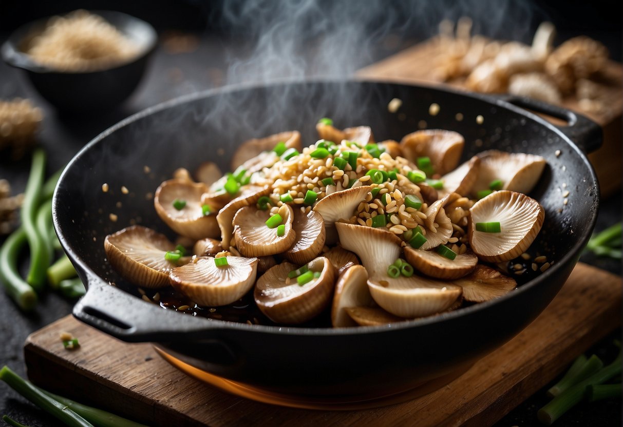 Sliced wood ear mushrooms sizzling in a hot wok with garlic, ginger, and soy sauce. Green onions and sesame seeds sprinkled on top