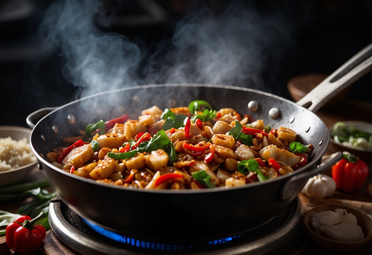 A wok sizzles as ingredients like dried seafood, chili peppers, and garlic are stir-fried to create the iconic Chinese XO sauce