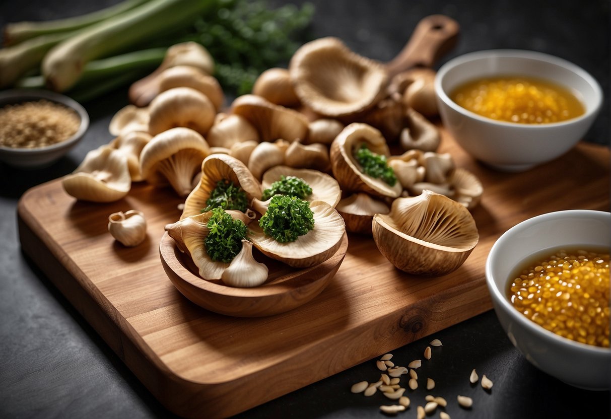 A wooden cutting board with fresh Chinese wood ear mushrooms, alongside bowls of ginger, garlic, soy sauce, and sesame oil