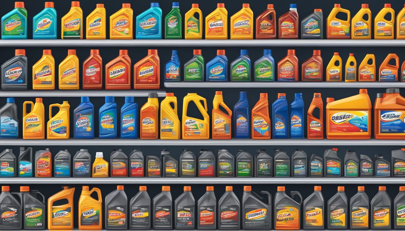 Various engine oil brands line the shelves of an auto parts store in the USA, showcasing their colorful labels and different viscosity grades