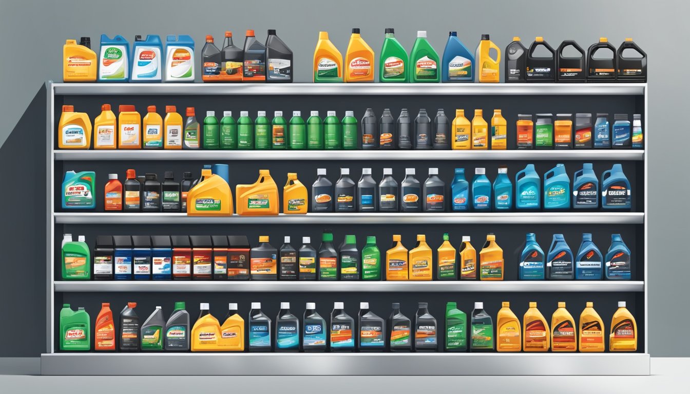 Various engine oil types displayed on shelves with brand names and logos in a well-lit store setting