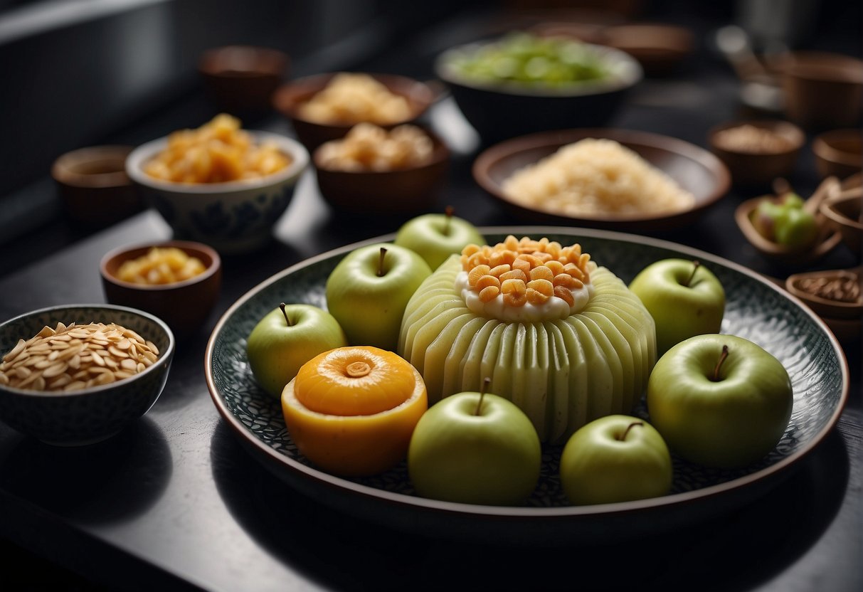 A modern kitchen with traditional Chinese ingredients and utensils, showcasing a fusion of flavors in a contemporary apple dessert