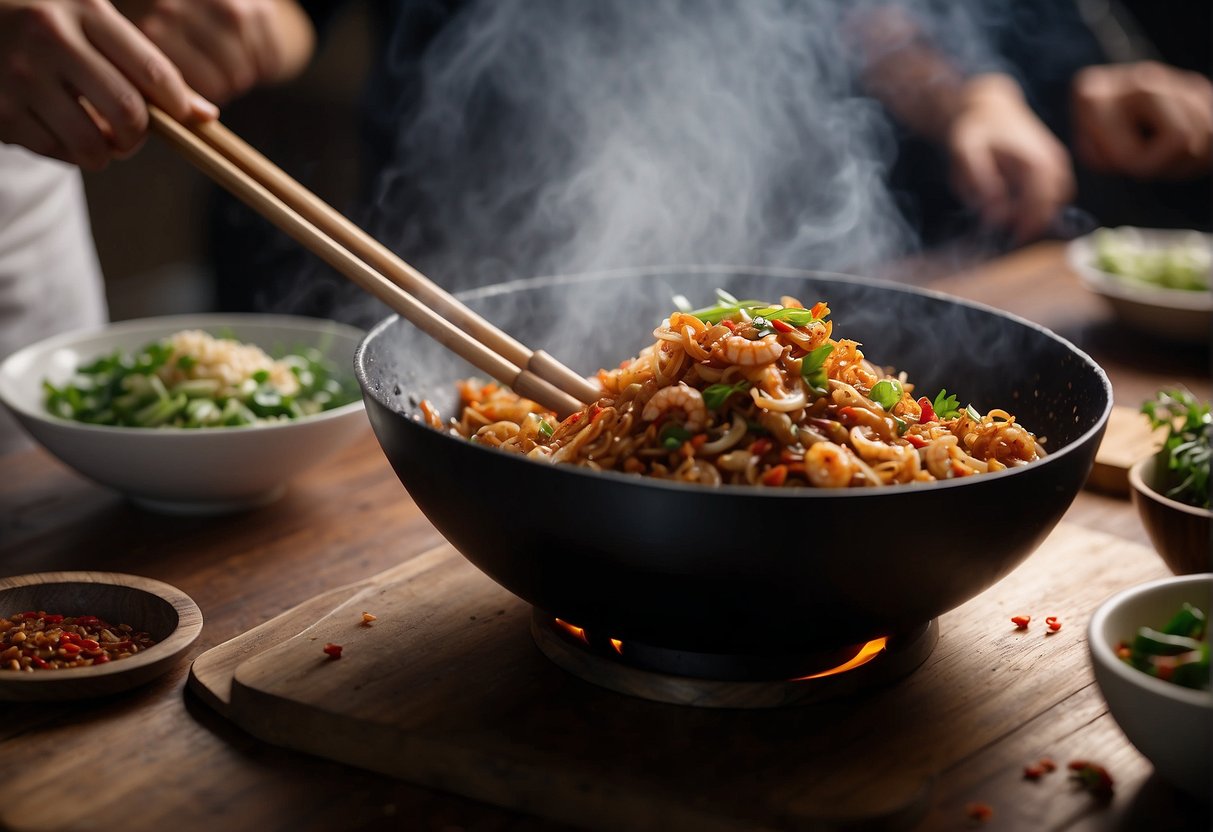 A wok sizzles with dried shrimp, garlic, and chili, as a chef adds soy sauce and oil to create Chinese XO sauce