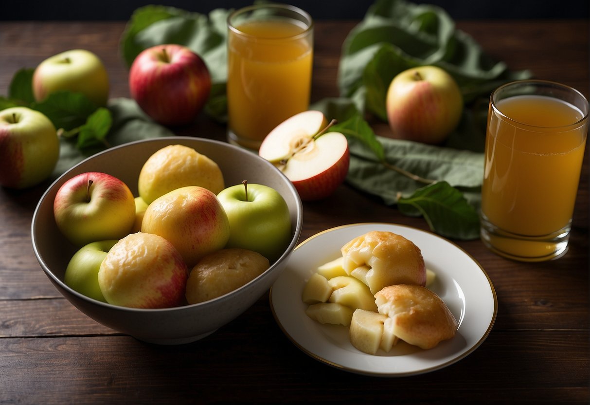 Fresh Chinese apples arranged around a bowl of apple salad, steamed apple dumplings, and a glass of apple juice. A cookbook and a knife are nearby
