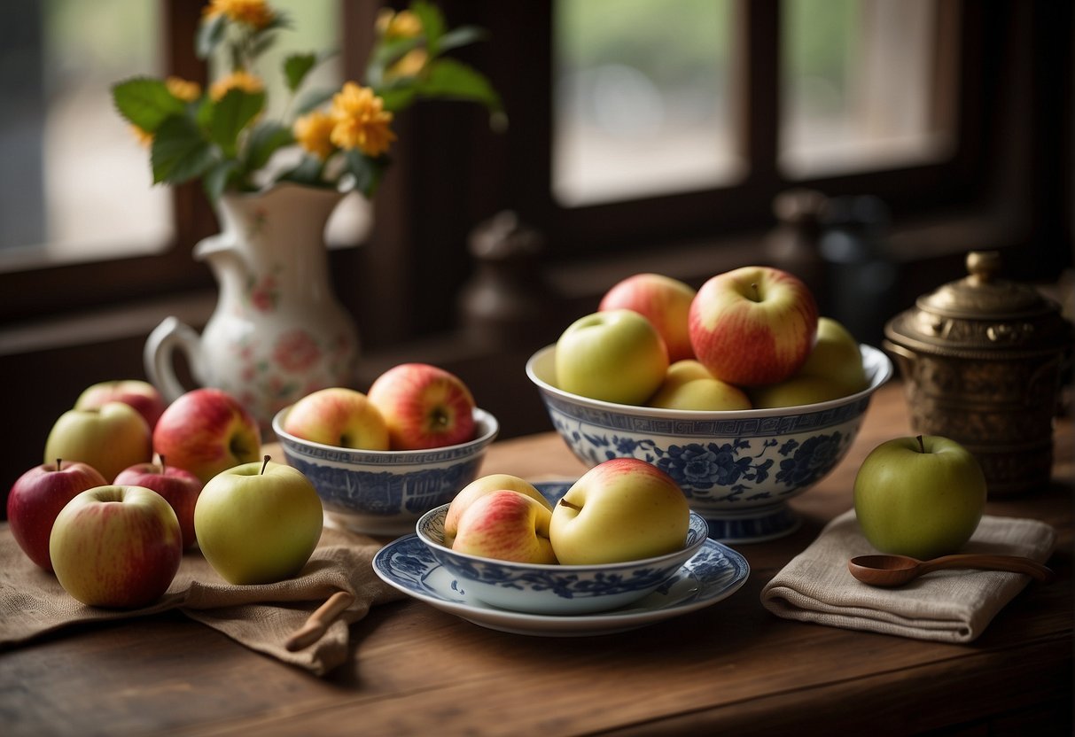 A table with a variety of Chinese apples and cooking utensils. Recipe book open to "Frequently Asked Questions Chinese Apple Recipes."