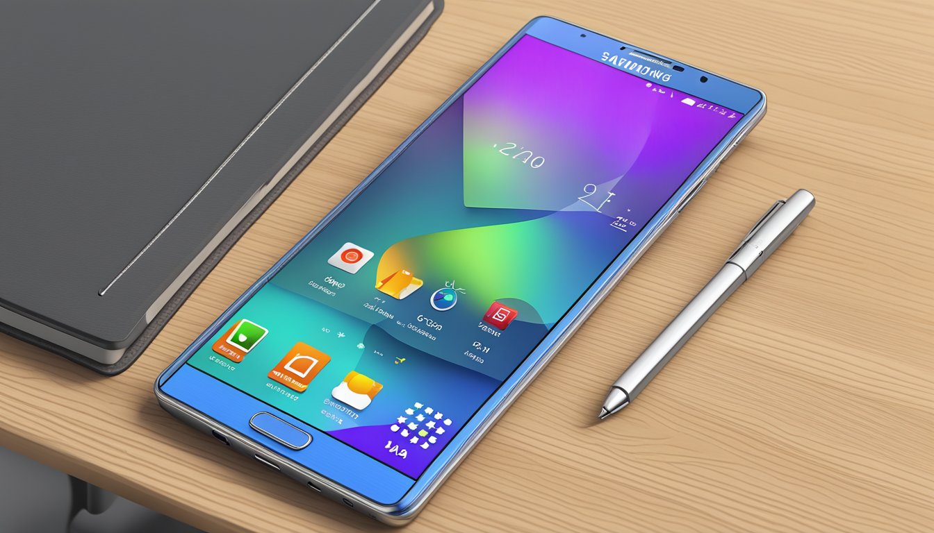 A sleek Samsung Galaxy Note 4 sits on a clean, modern desk. The screen displays a vibrant, user-friendly interface
