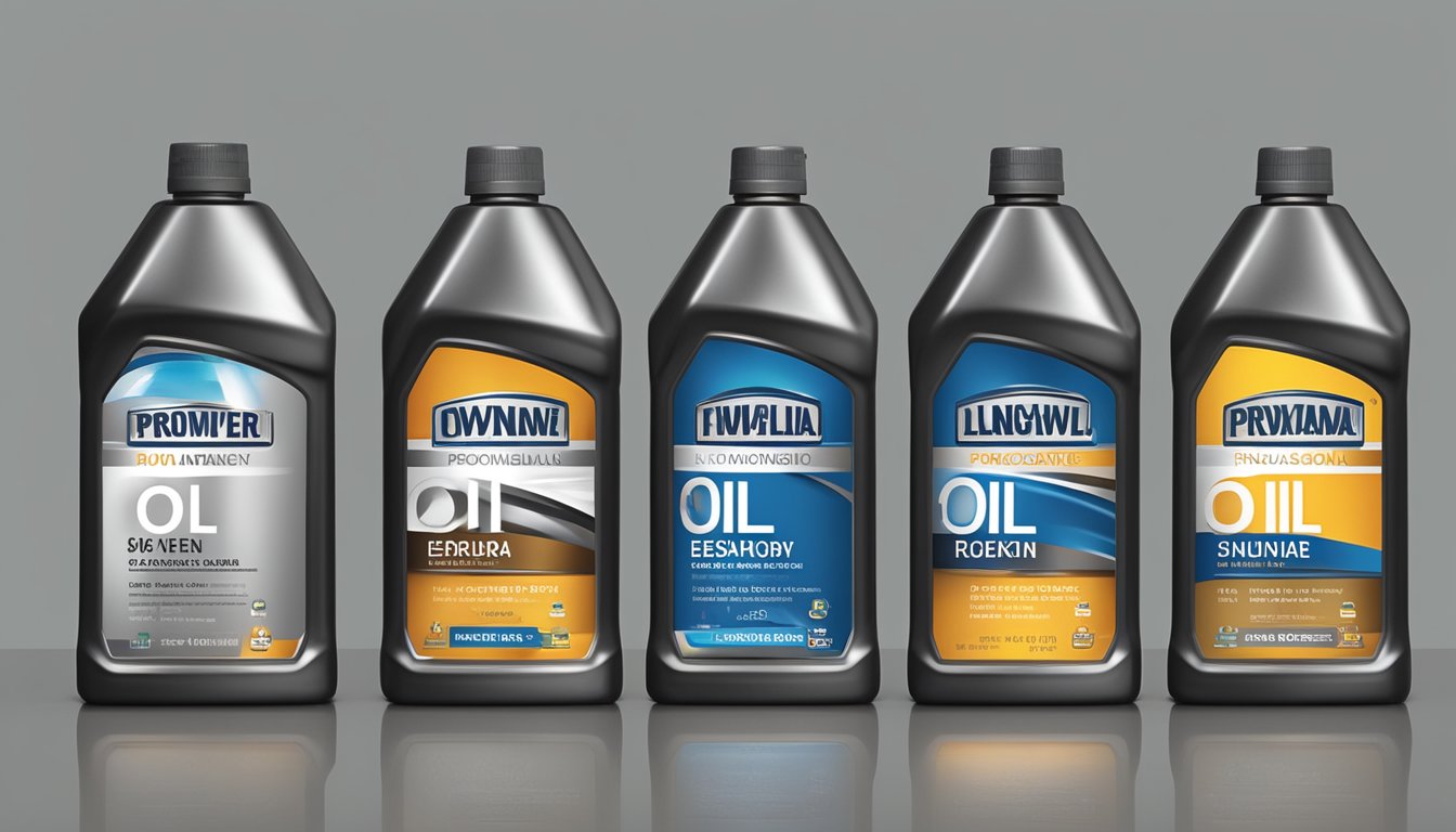 A row of top engine oil bottles lined up on a shelf, each brand prominently displayed with their logo and label