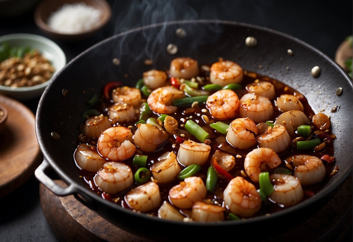A wok sizzles as garlic and chili fry in oil. Shrimp paste and dried scallops are added, creating a fragrant aroma. Soy sauce and sugar are stirred in, thickening the sauce