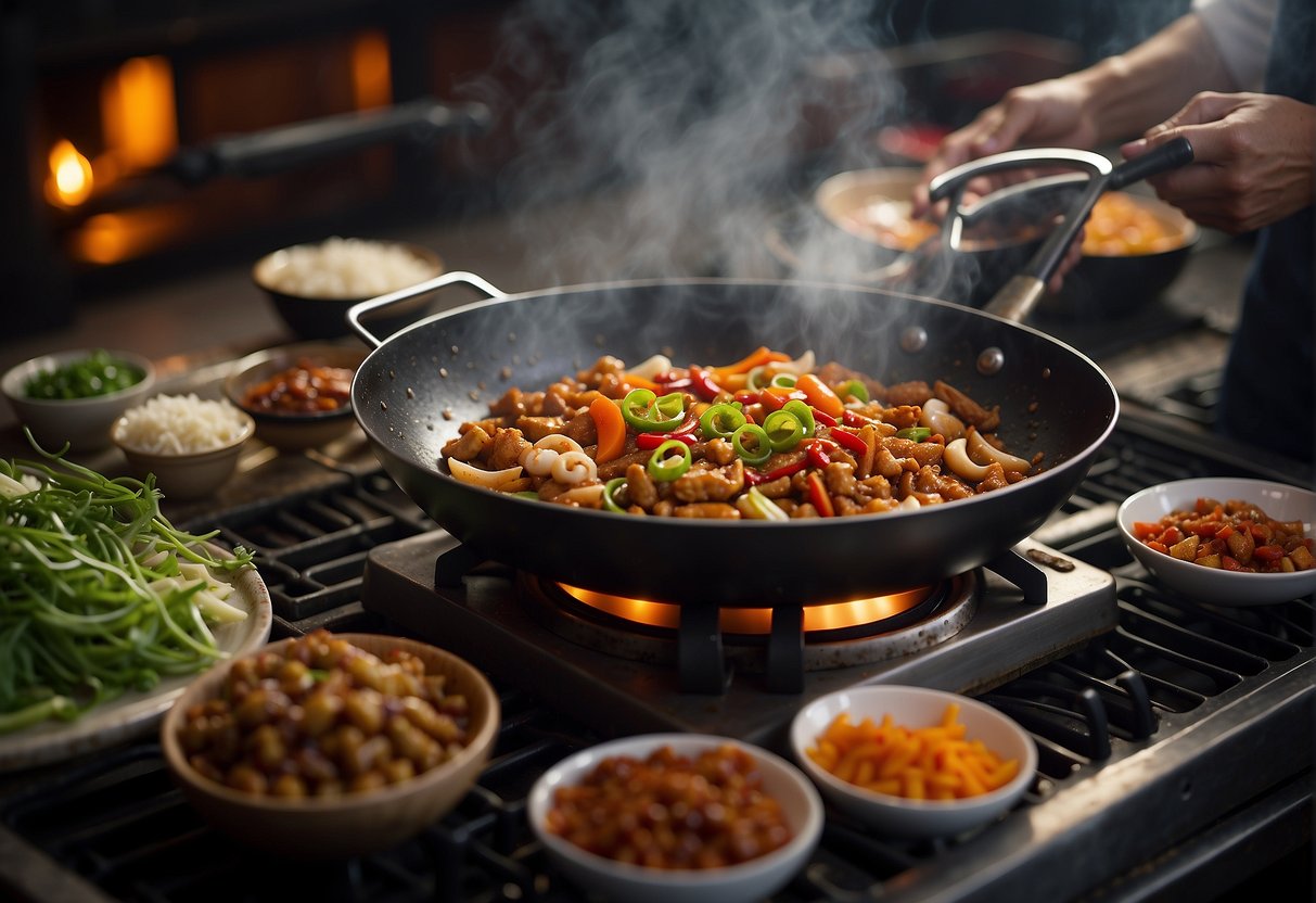 A wok sizzles as xo sauce ingredients are stir-fried, emitting a fragrant aroma. Bowls of chili, garlic, and dried seafood sit nearby