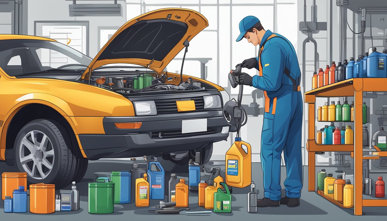 A mechanic pours fresh engine oil into a car's open hood, surrounded by various oil brand containers and a maintenance schedule chart