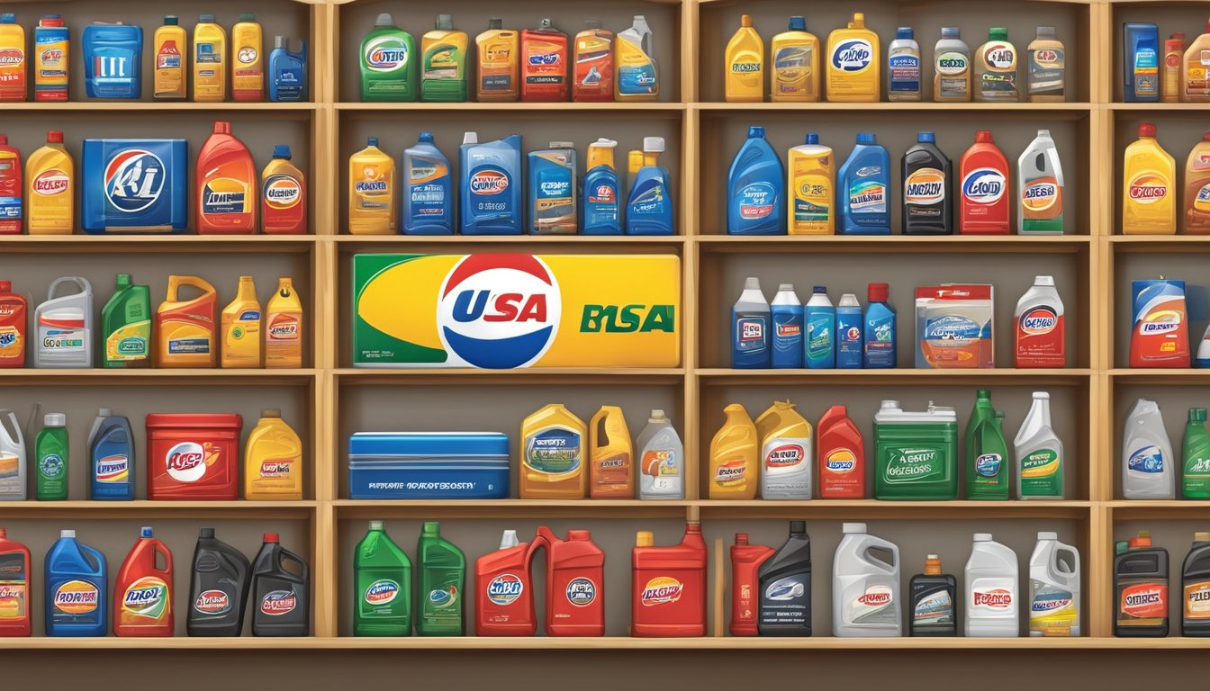 Various oil brand logos displayed on shelves with a "Frequently Asked Questions" sign in a USA auto parts store