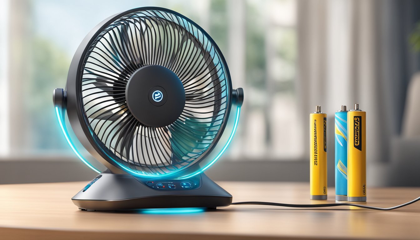 A branded battery fan spinning on a table, casting a cool breeze