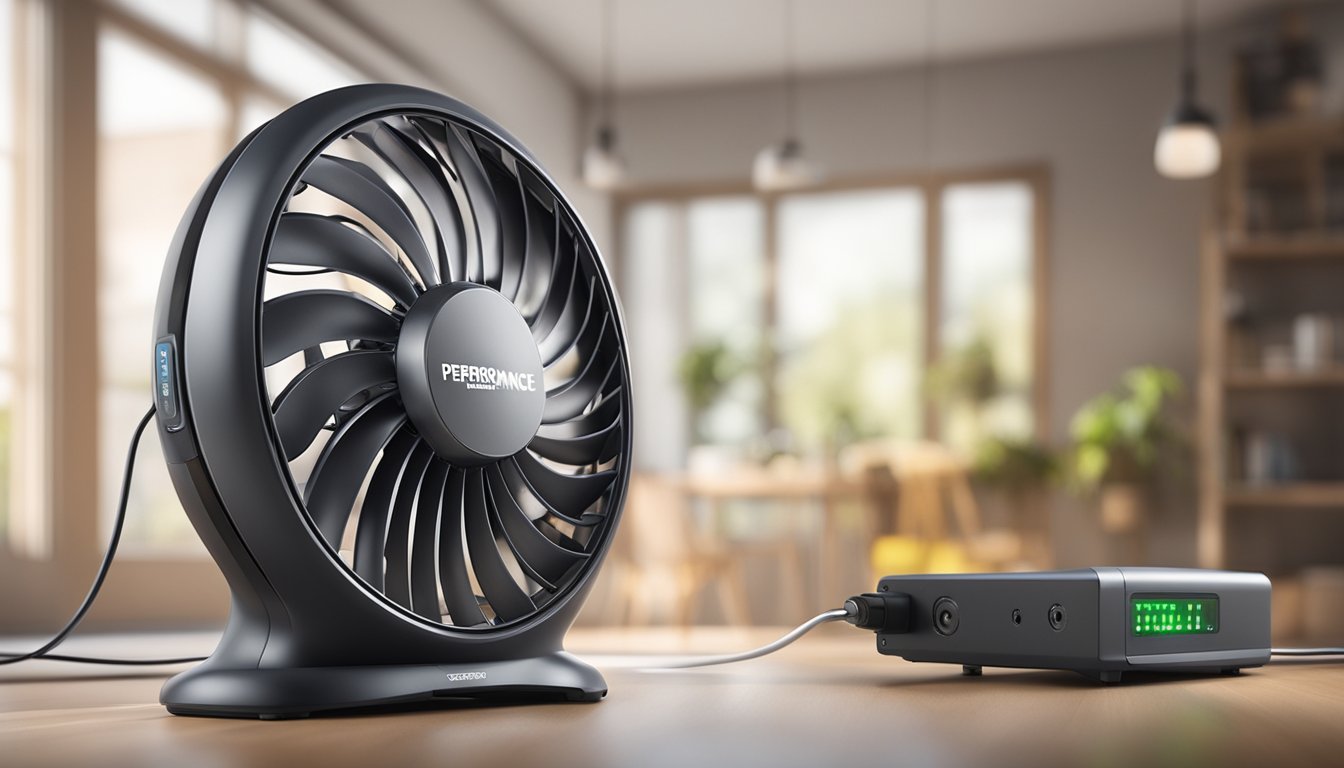 A battery fan with "Performance and Efficiency" branding, spinning rapidly in a well-lit room