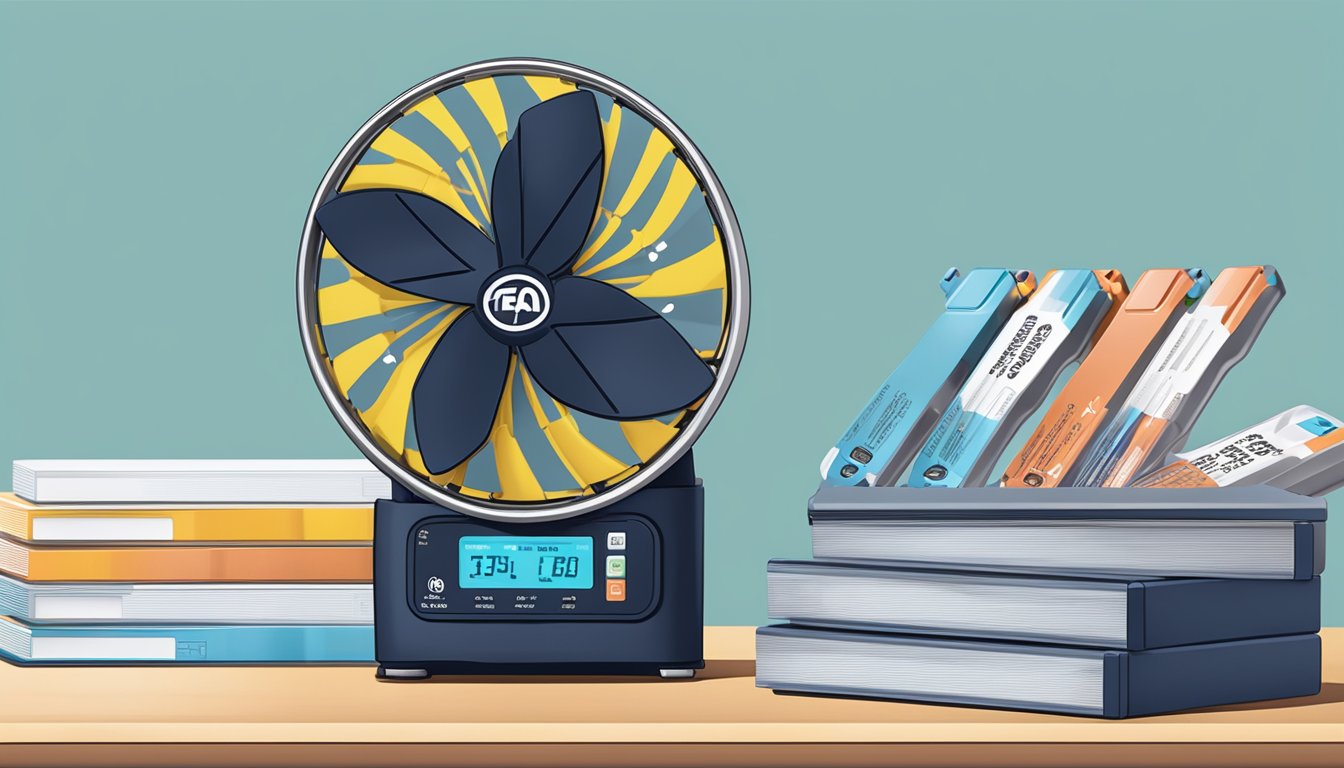 A branded battery fan sits on a table with a stack of FAQ cards next to it. The fan is turned on, with the blades spinning, and the logo prominently displayed