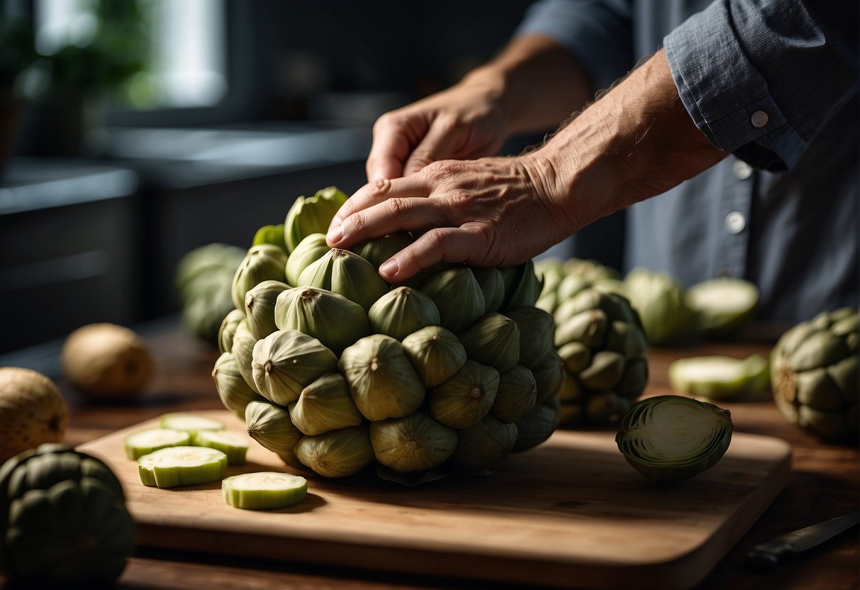 A hand reaching for Chinese artichokes, a knife slicing and peeling them, a bowl of water for rinsing, and a cutting board for preparing