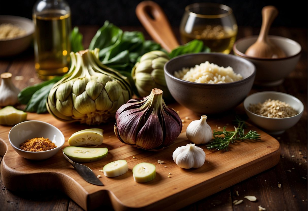 A wooden cutting board with Chinese artichokes, garlic, and ginger, surrounded by various cooking utensils and ingredients