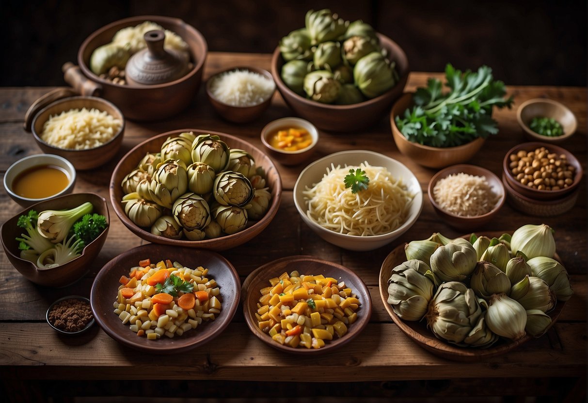 A colorful array of Chinese artichoke dishes arranged on a rustic wooden table, surrounded by vibrant ingredients and traditional cooking utensils