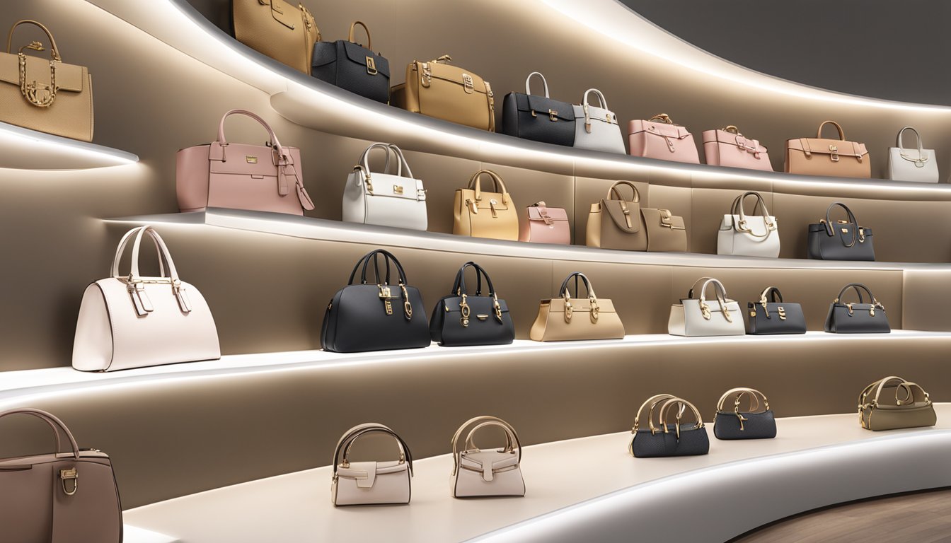 A display of Essence brand handbags on a sleek, modern shelf with soft lighting highlighting the luxurious textures and elegant designs