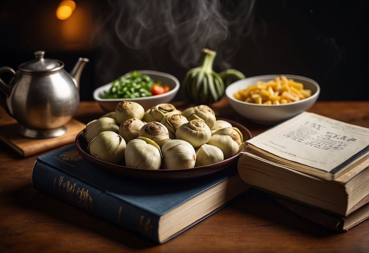 A table with various Chinese artichoke dishes, a chef's hat, and a stack of recipe books