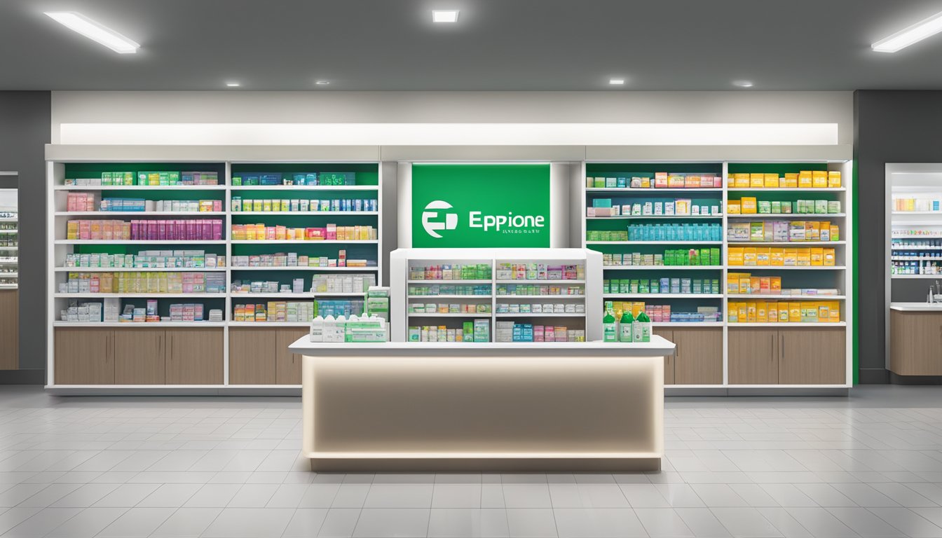 A bright, modern pharmacy with shelves stocked full of Eperisone brand products, and a prominent display featuring the logo and packaging