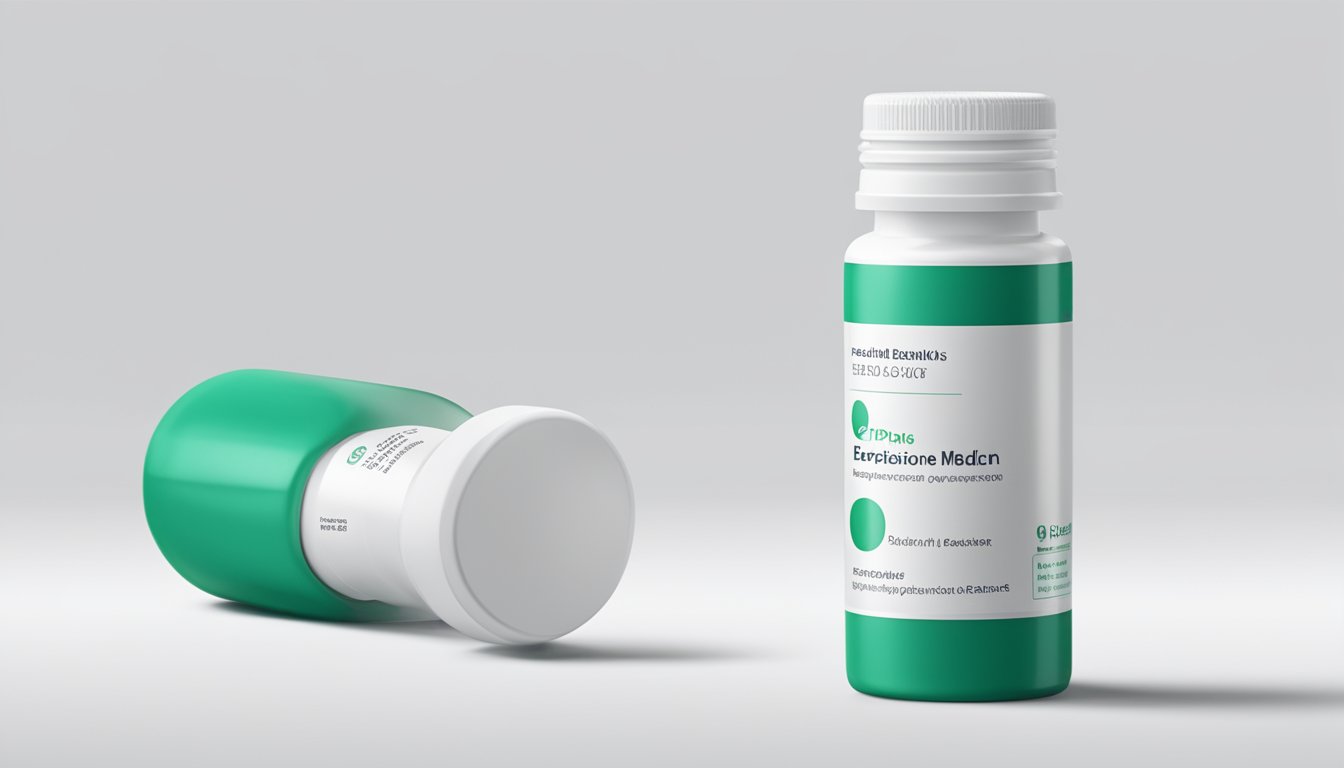 A bottle of eperisone brand medication stands on a clean, white surface, with a clear label and a simple, modern design