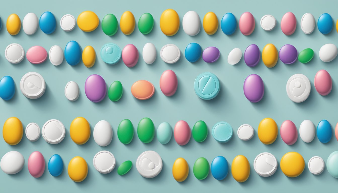 A colorful array of eperisone brand pills and capsules arranged in a precise pattern, with the brand name prominently displayed