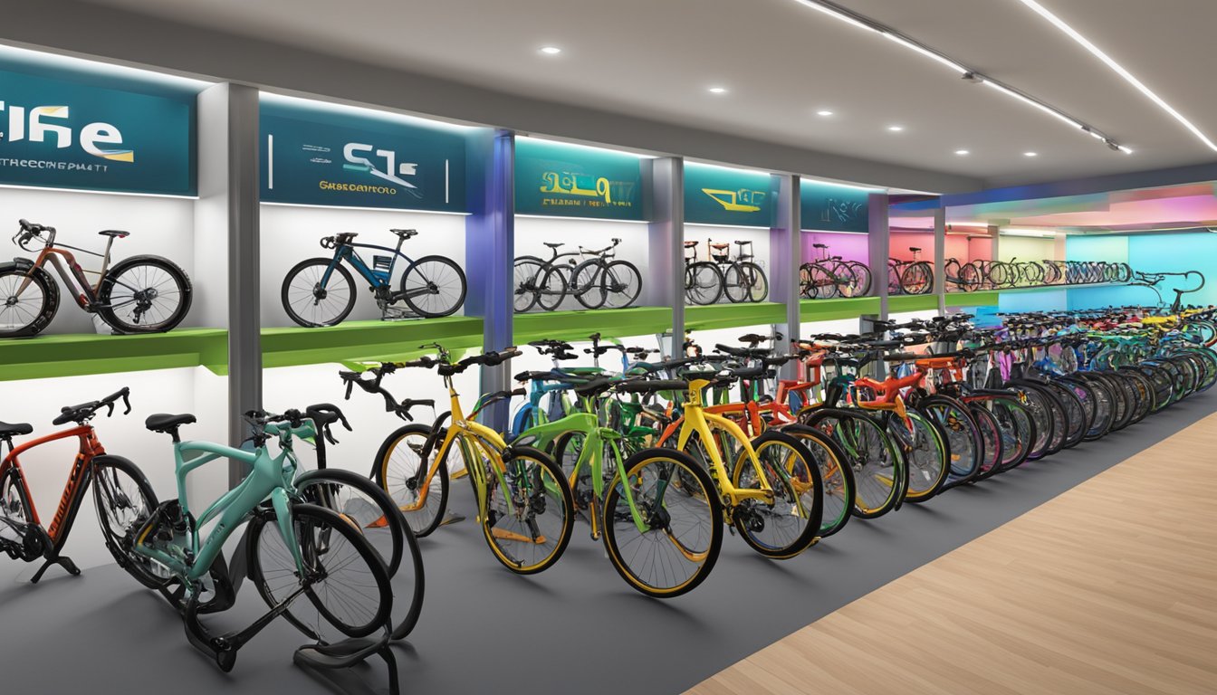 A row of colorful bike brands displayed in a Singaporean shop