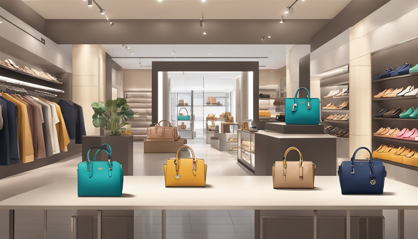 The scene depicts a display of Essence brand handbags with a sign reading "Frequently Asked Questions" in a stylish and modern retail setting