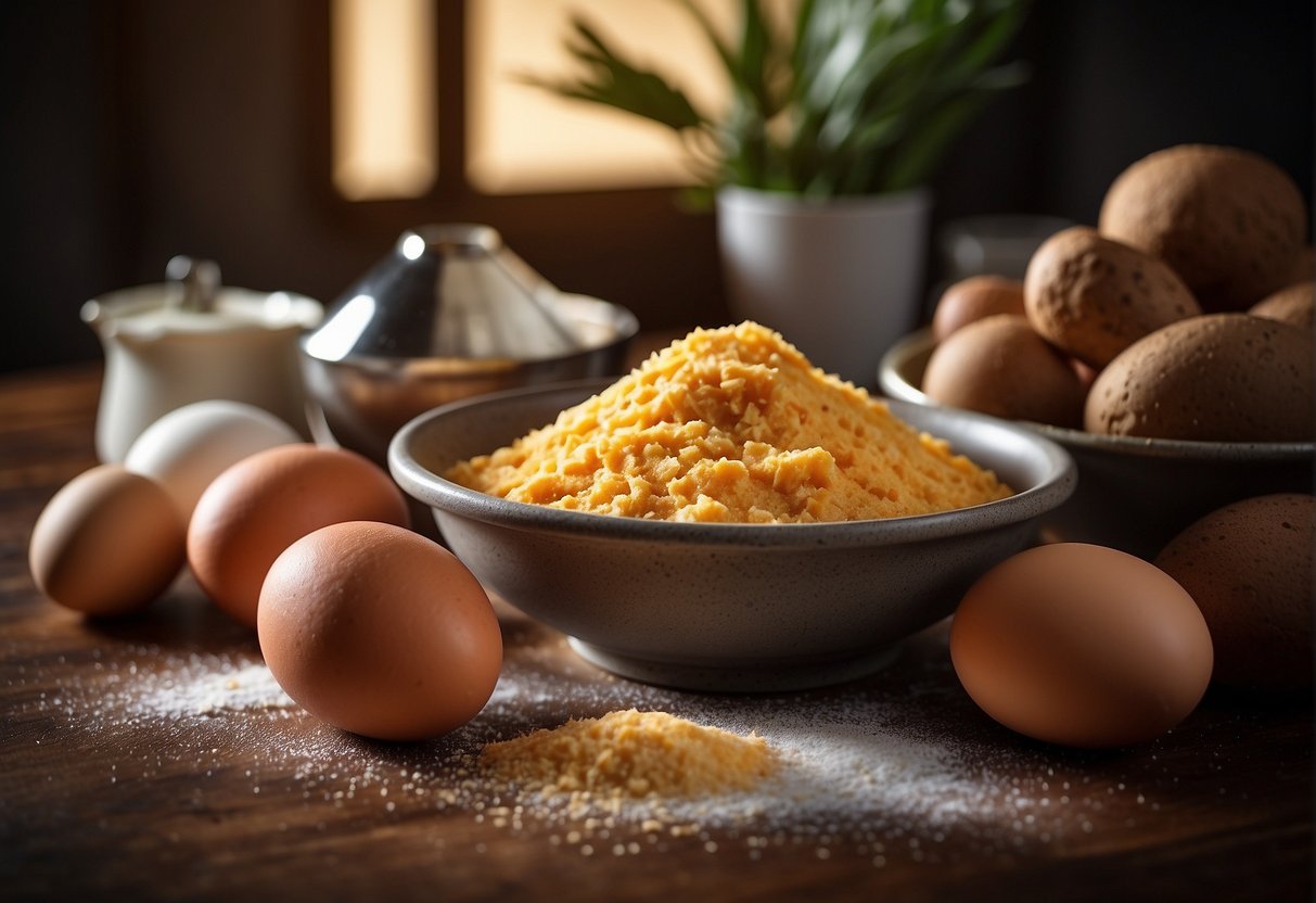 A table with ingredients: yams, sugar, flour, and eggs. A mixing bowl, a whisk, and a cake pan